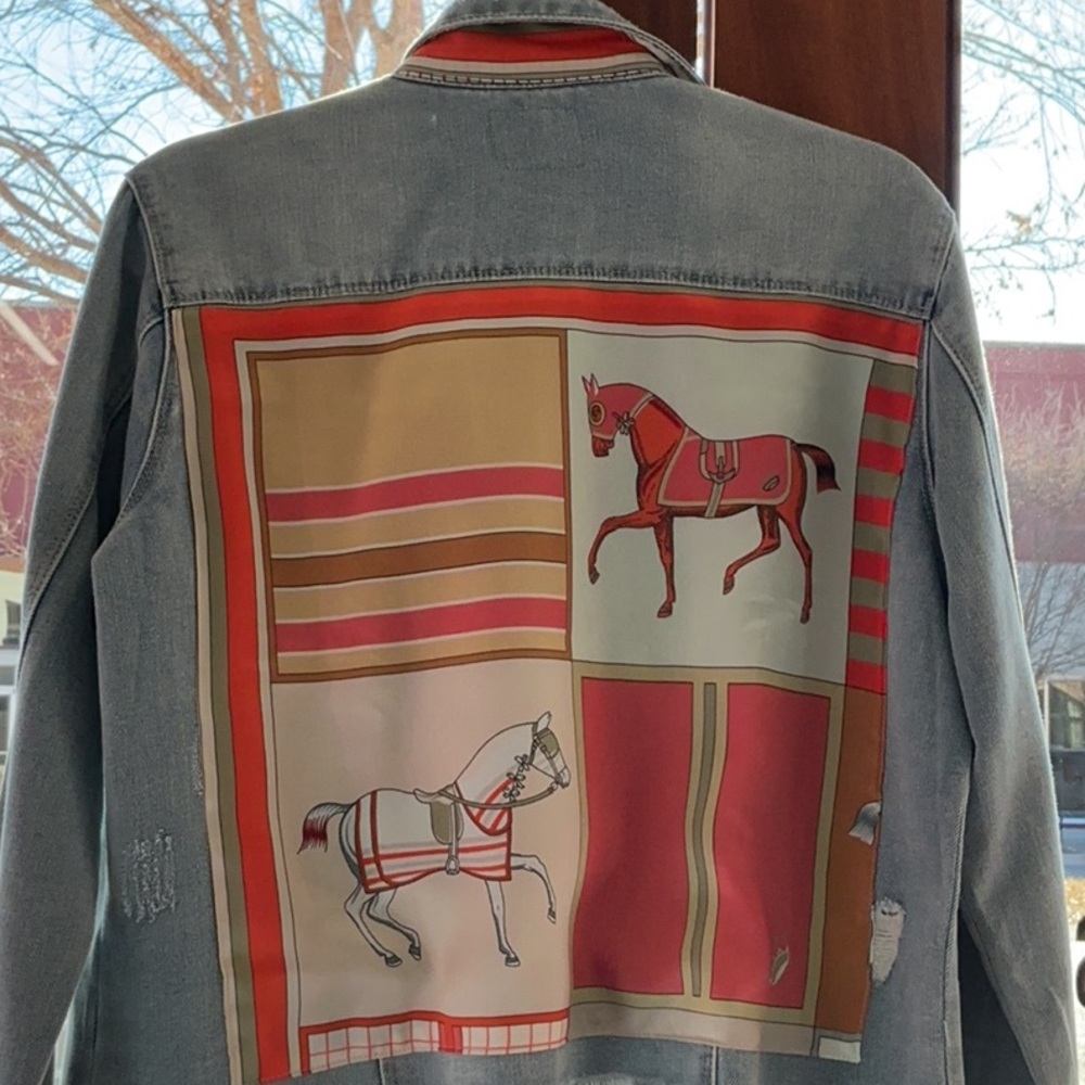 Light denim jacket sage and coral horse print